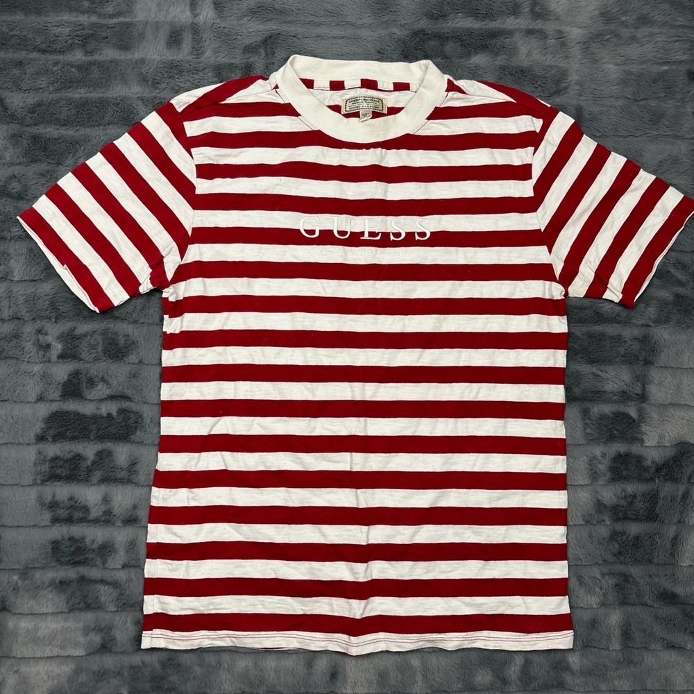 Guess Originals Mens Striped T-Shirt Red White Embroidered Logo XS M81P86K6CY0